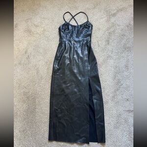 Zara Midi Black Faux Leather Open Back Side Slit Dress
